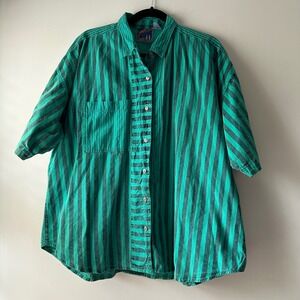 Vintage Men's Green Black Striped Short Sleeve Button Up Shirt Size 22/42